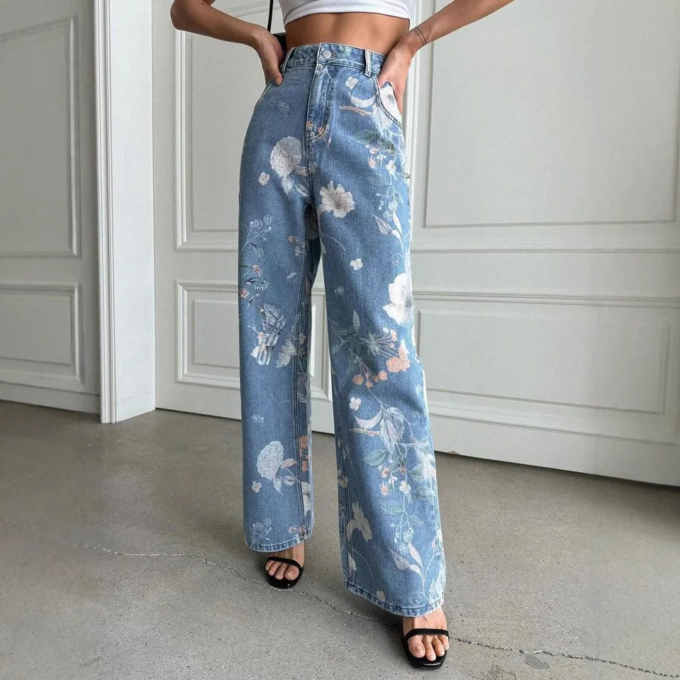 Wide Leg Pants Women Jeans Washed High Waist Flower Print Denims Vintage Distressed Straight Trousers Streetwear Floor Length