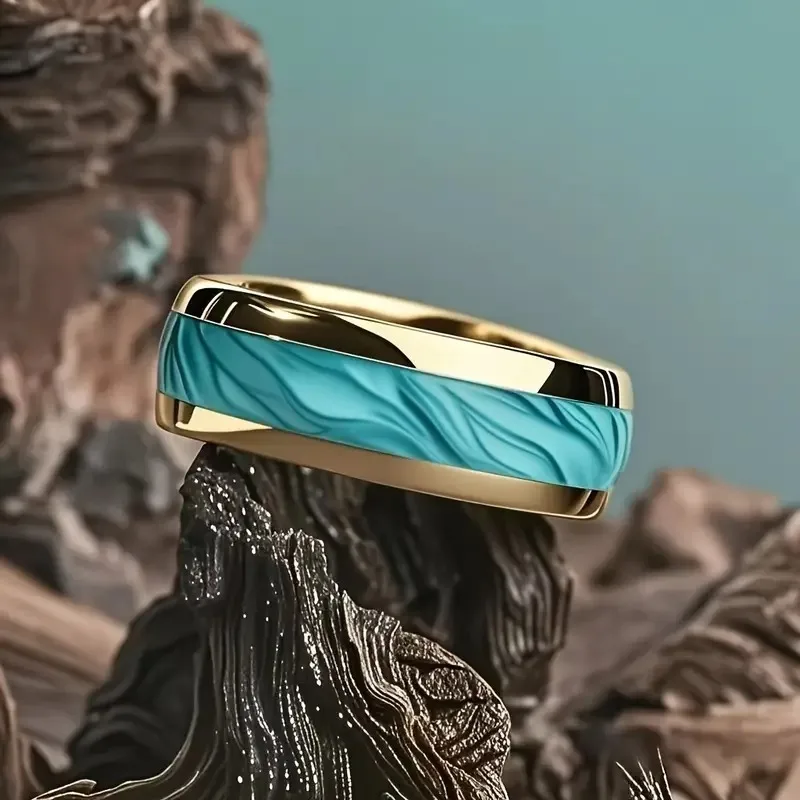 Modischer schwarzer Herrenring aus Edelstahl mit vulkanischer Lava und goldenem Folienmuster-Einlage – Ringe für Herren, Hochzeitsschmuck, Direktversand