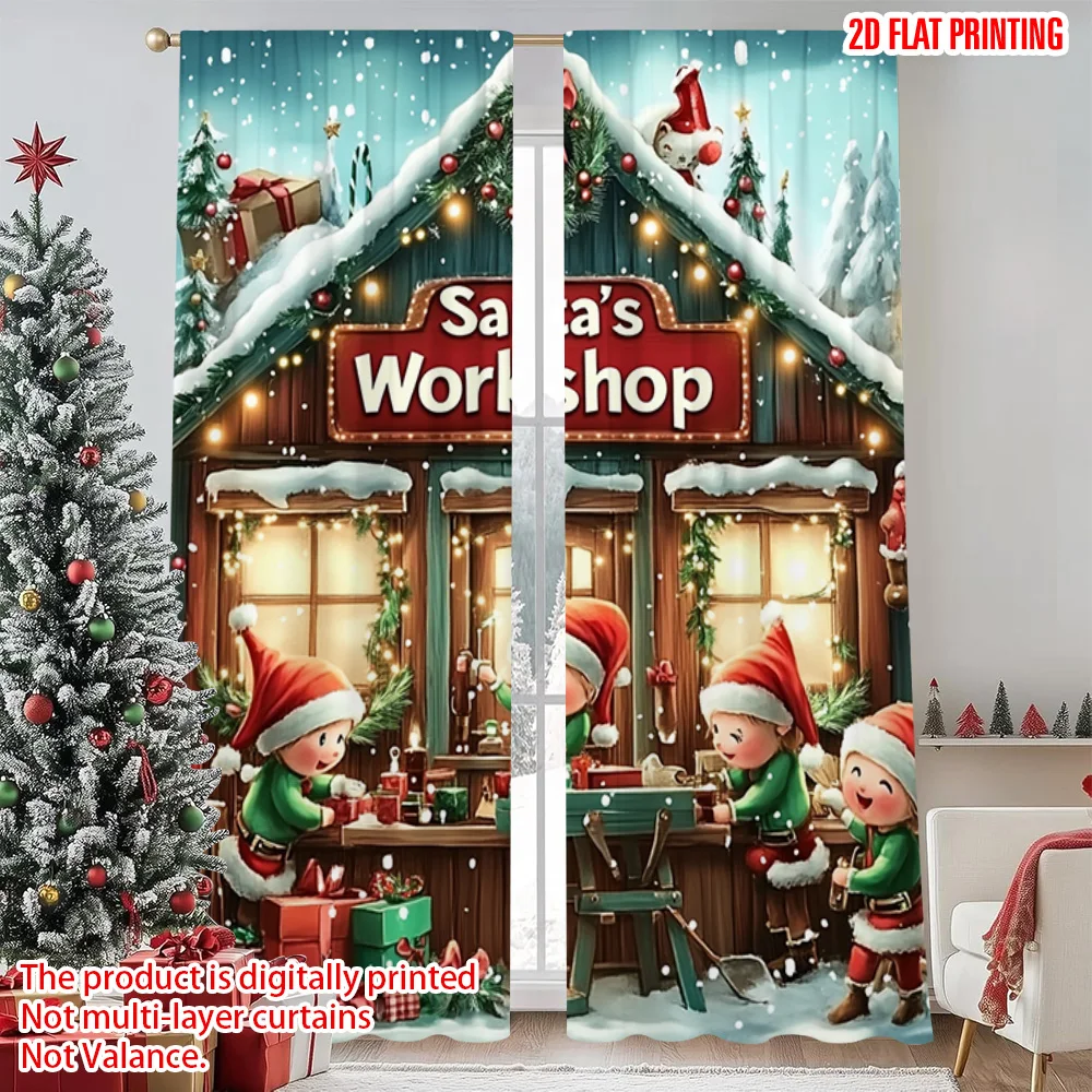 

2pcs 2D flat printing Christmas Drapes Santa's Cabin Machine Washable Polyester Without Electricity Holiday Decorations Use for