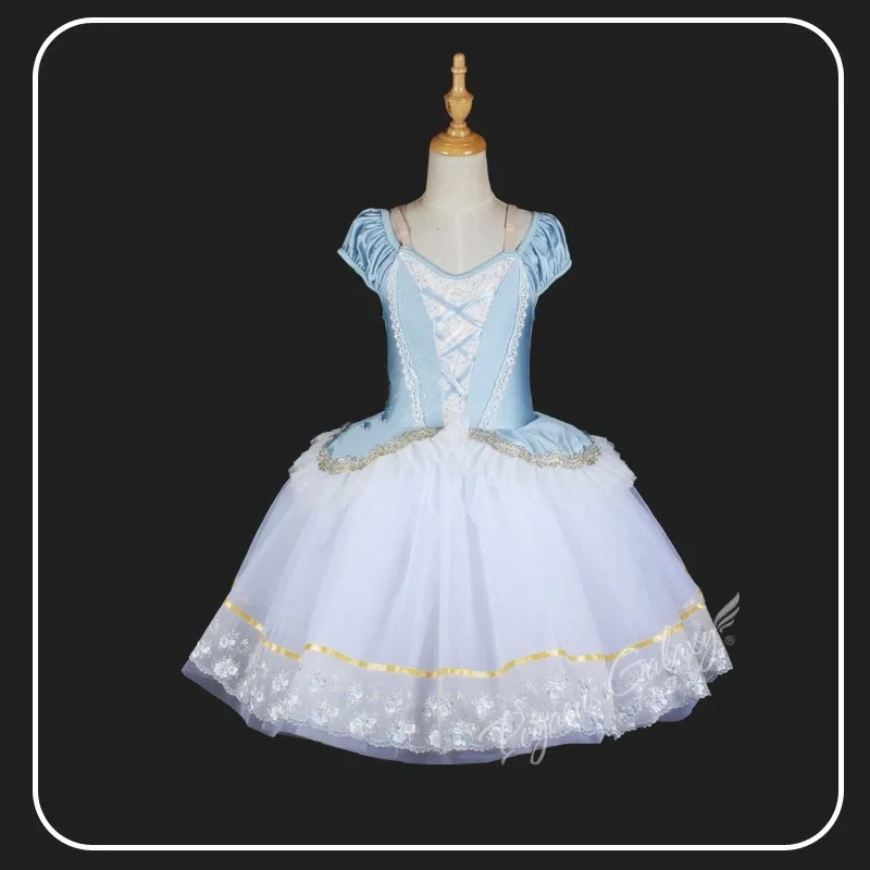 

Girls Short Sleeves Off Shoulder Ballet TUTU Dress Light Blue Lace Up Stage Show Costume Women Princess Ballerina Outfits Child