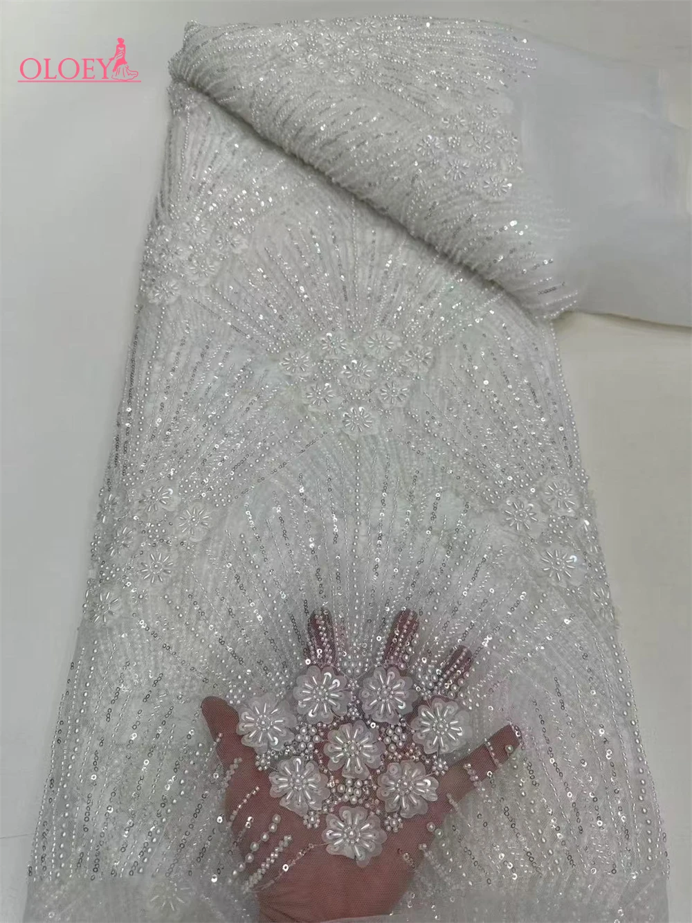 Fashion Elegant French Embroidery Beaded Lace Fabric African Nigerian With Sequins Fabric For Wedding Dress