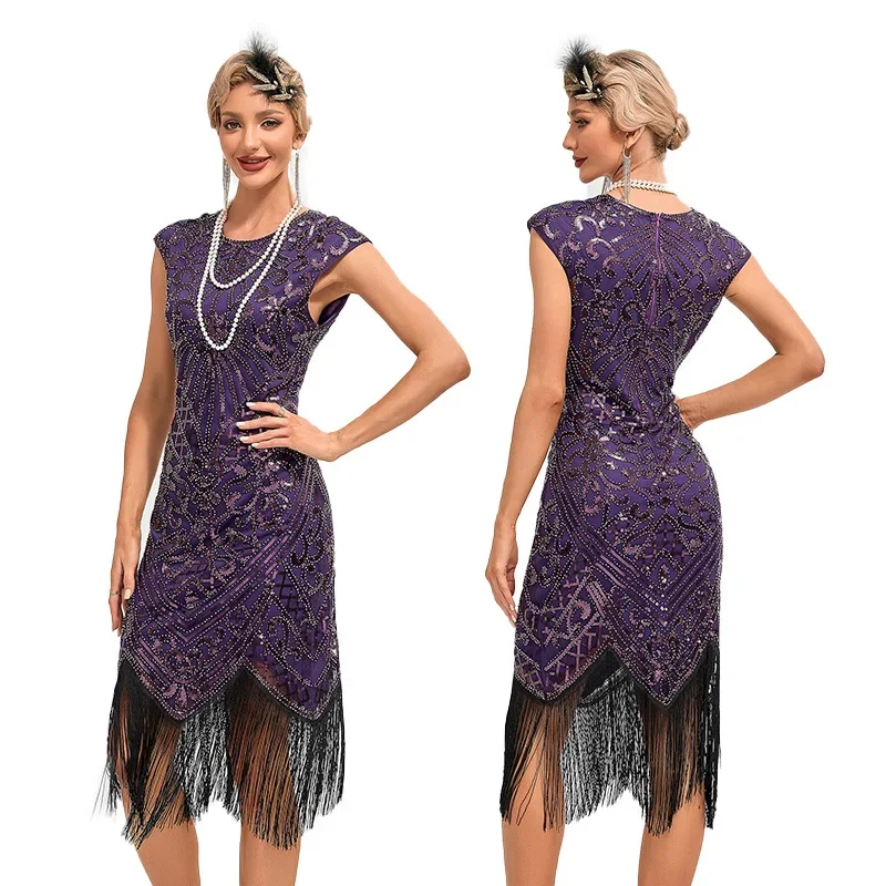 

Vintage 1920s Flapper Great Gatsby Dress O-Neck Cap Sleeve Sequin Fringe Party Midi Dress Vestidos Verano Summer Dress