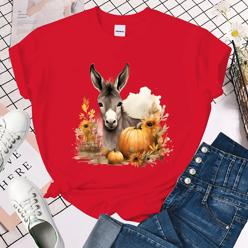 (Premium T-shirt)Fall Donkey Pumpkin Print Summer Casual T-Shirts For Women Creative O Neck Short-Sleeved T-Shirts Fashion tops