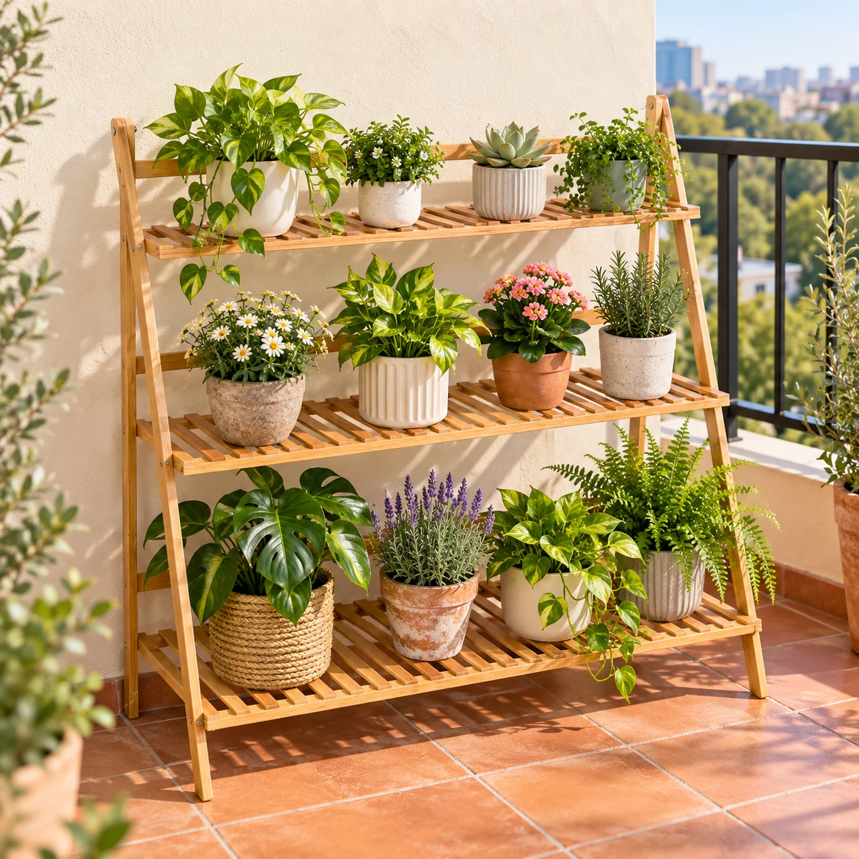 Foldable 3-Tier Bamboo Plant Stand Durable Portable Garden Shelf for Potted Plants Succulents Books Shoes for Balcony Patio