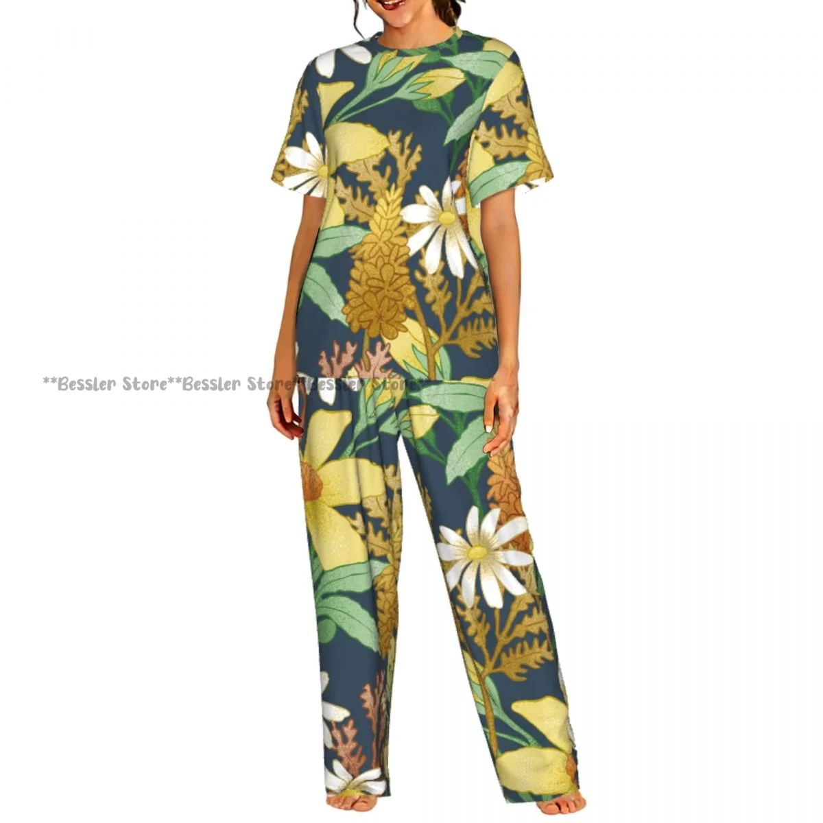 

Women Pajama Sets Lounge Sleepwear Vintage Floral Pattern Short Sleeve Nightwear