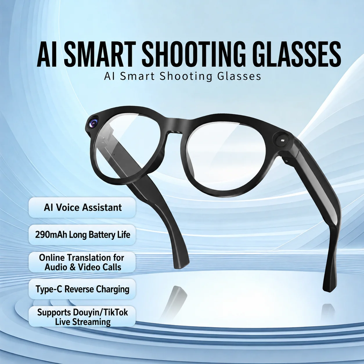 CY05 AI Smart Camera Glasses800W HD Lens1080P Continuous Video Record First Person Shooting Support Tiktok Douyin Live Streaming
