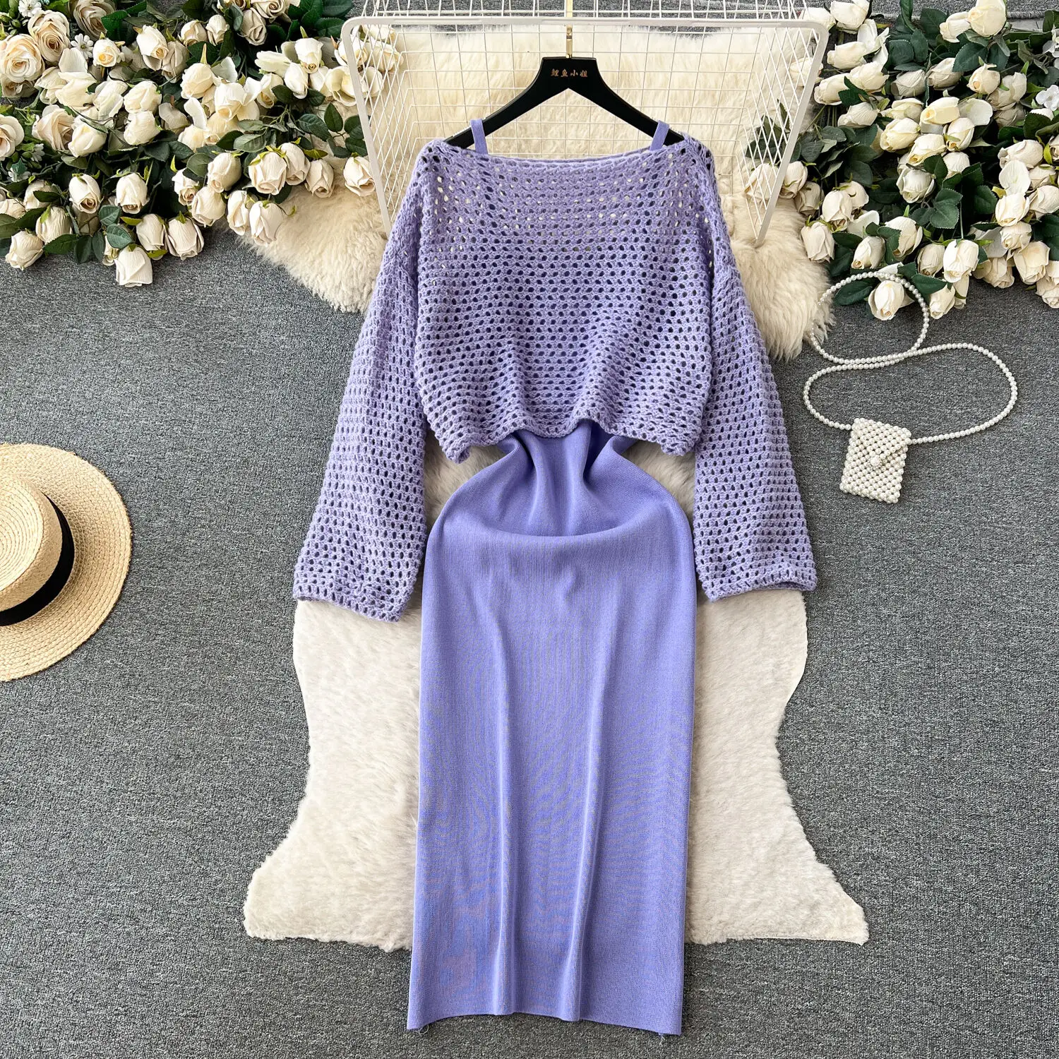 Korean Style Two Piece Set For Women's Loose Hollow Out Sweater Knitted Strap Dress For Women's Fashion Casual Set Autumn Winter