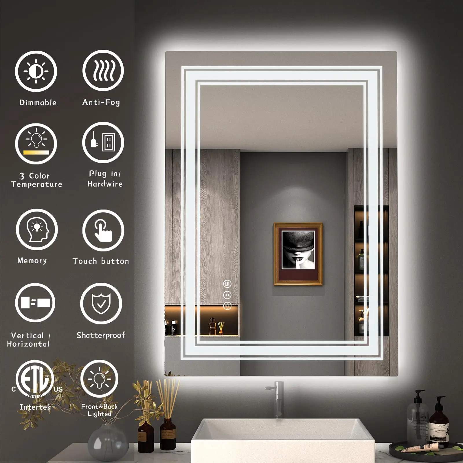 SH.KL Bathroom LED Mirror, Vanity Mirror with Lights, Backlit and Front lit Mirror for Wall, Dimmable, Anti-Fog