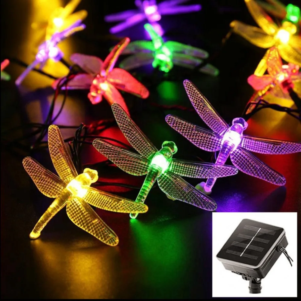 6.5M 30LEDS Solar Dragonfly Holiday String Lights Waterproof Multi Color LED Fairy Light Outdoor Garden Yard Patio Wedding Party