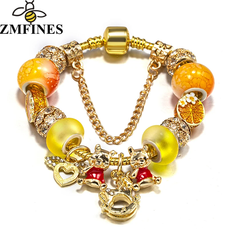 Gold Color Bear Tangerine Beads Charm Bracelets Fits diy Fashion Brand Bracelet Bangles For Women Bijoux Pulseras Jewelry Gift