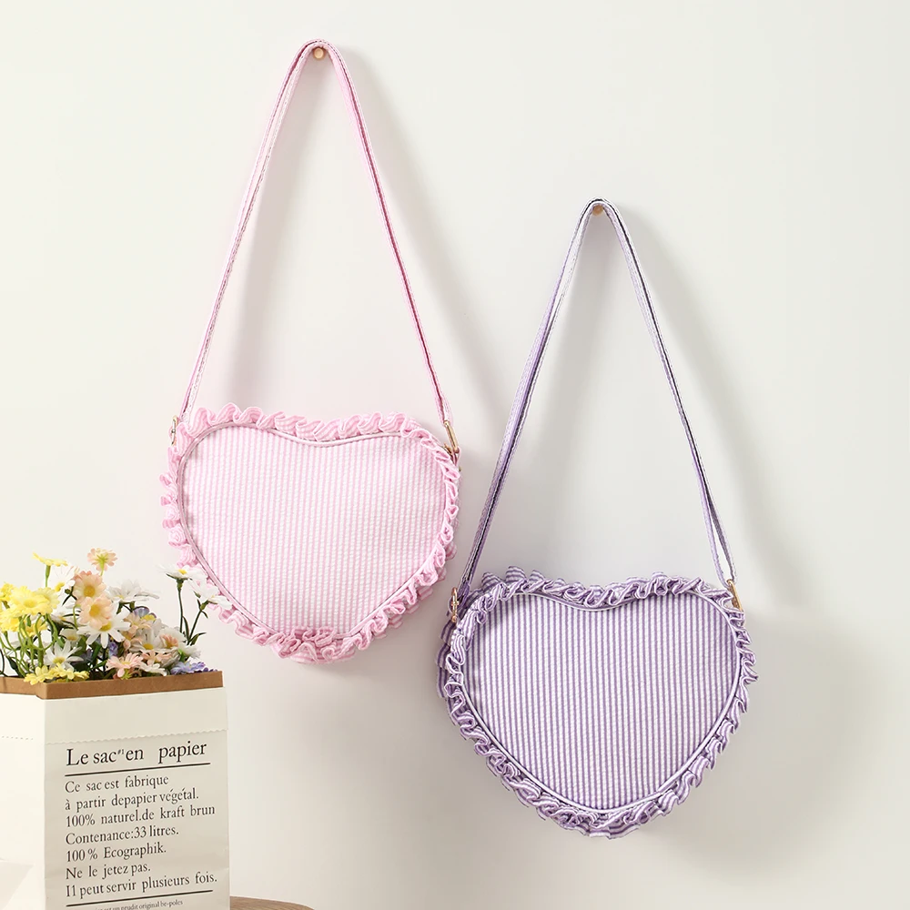 

Ruffle Heart Shape Crossbody Bag Fashion Stripe Pink Girl Seersucker Zipper Sling Bags For Women Outdoor Travel Mini Purse