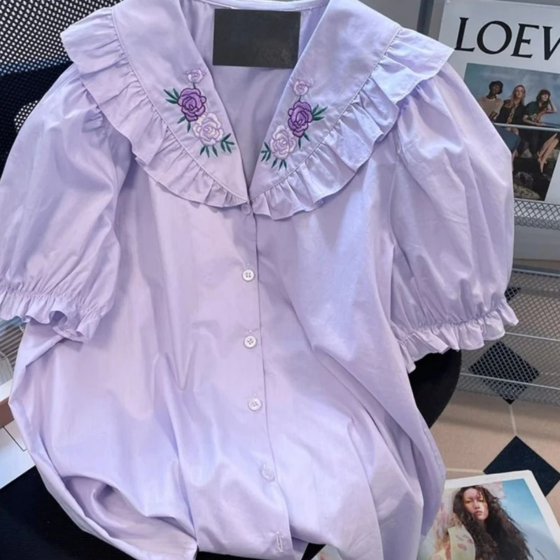 Purple Sweet Flower Embroidery Peter Pan Collar Women Shirt Kawaii Ruffles Puff Sleeves Lolita Blouses Tops Elegant Blusas Mujer