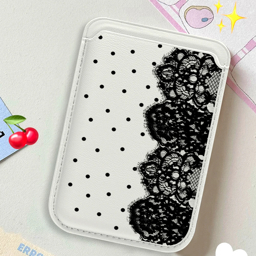 Gepunktete Spitzen-Leder-Kartenhülle Telefonkartenhalter Magnetische Hülle Geeignet für alle iPhones mit Magsafe-Kartenfunktion Rückseitentasche – Detail 5
