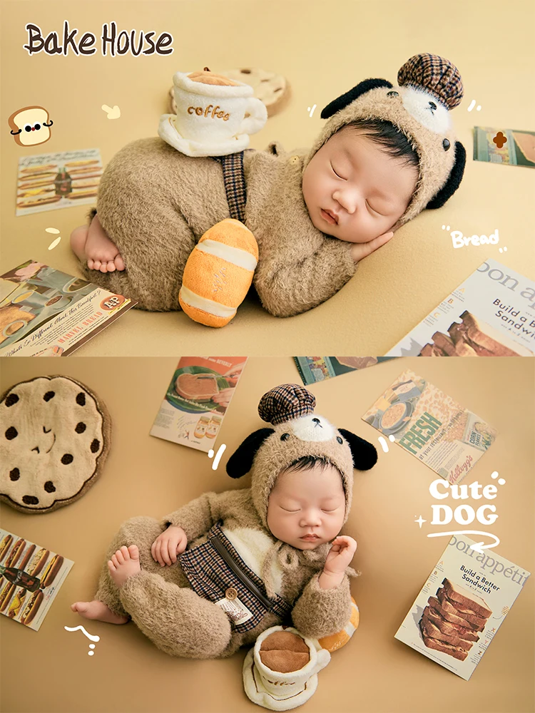 Newborn Photographer Props Cute Puppy Chef Costume Coffee Cup Cookie Decor Props Studio Bakery Theme Scene Photo Accessories Set