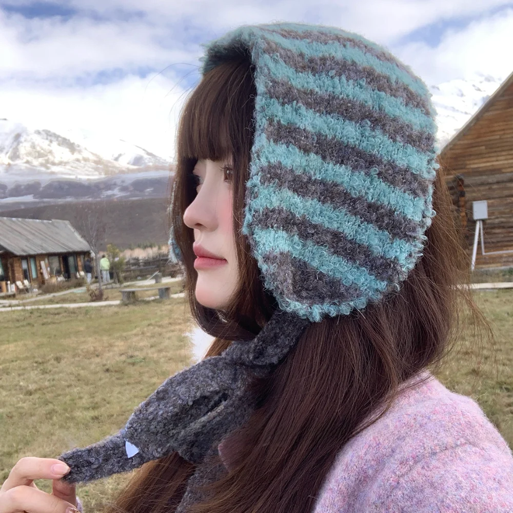 

Универсальные вязаные наушники в контрастную полоску, синтетическая шерсть, ветрозащитная повседневная повязка на голову, флаг, модная индивидуальность