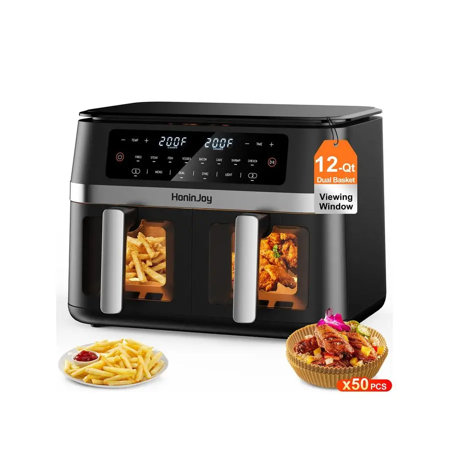 مقلاة هوائية كبيرة بسلة مزدوجة مع نافذة عرض و50 قطعة من بطانات الورق، مقالي هوائية رقمية مزدوجة المنطقة تعمل باللمس 10 في 1، SyncCo