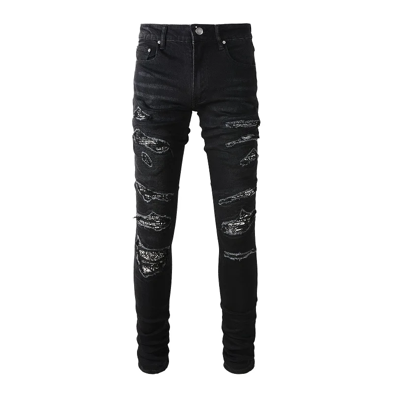 

EU Drip Distressed Black Jeans High Street Slim Fit Stretch Holes Repaired Bandanna Patchwork Scratched Ripped Jeans