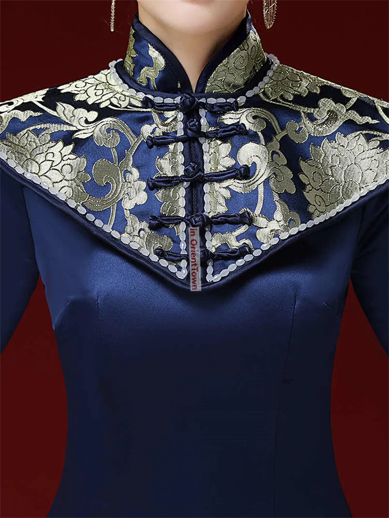 Chinese Style Model Blue Cheongsam Red Carpet Show Clothing High End Tailing Performance Costume Host Banquet Evening Dress