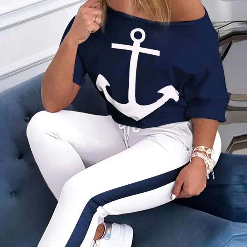 2024 Printed Boat Anchor Mid Sleeve Round Neck Casual Sports Set