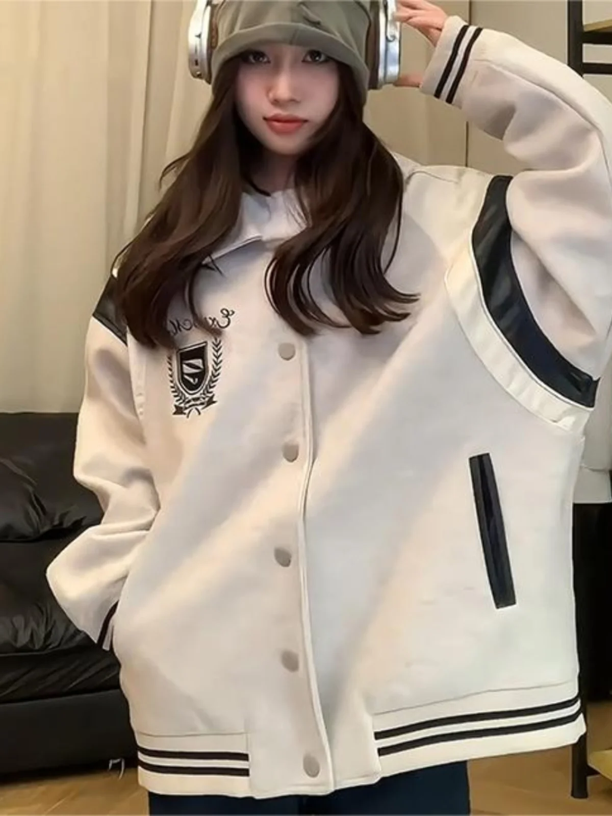 

Vintage American Sle Women's Baseball Jaet Loose Stitching Street Faion Spring Outerwear Long Sve Collar Button...