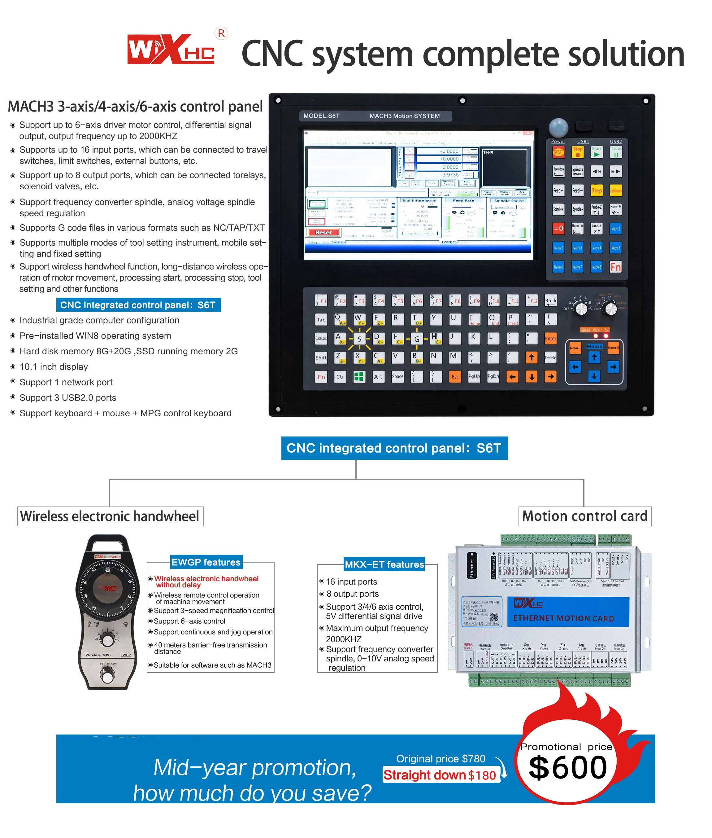 Kit de contrôleur CNC Promotion Mach3 4 axes, panneau de commande PC tout-en-un, panneau industriel S6T pour machine de gravure CNC