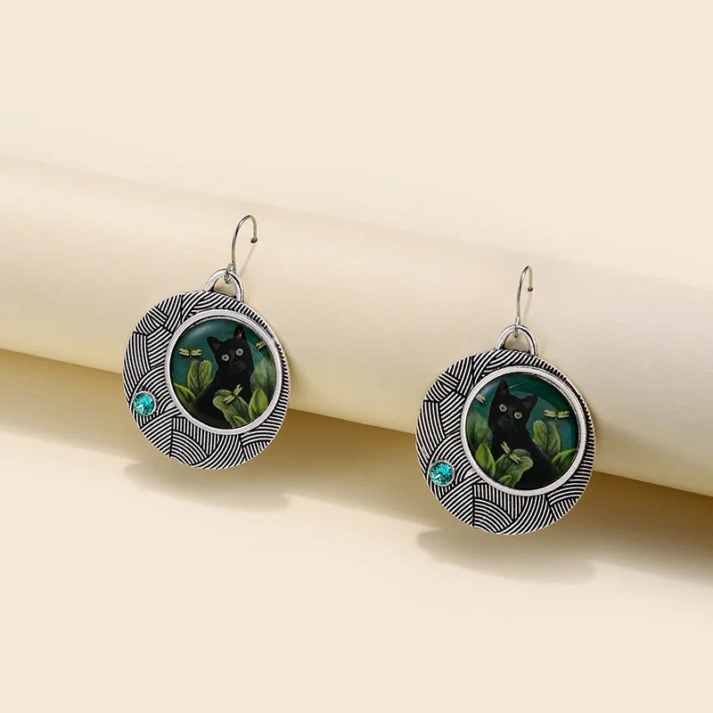 Retro  Flower Earrings Women's Geometric round Fashion Jewelry Embedded Green Diamond Cross-Border New Style Hoops