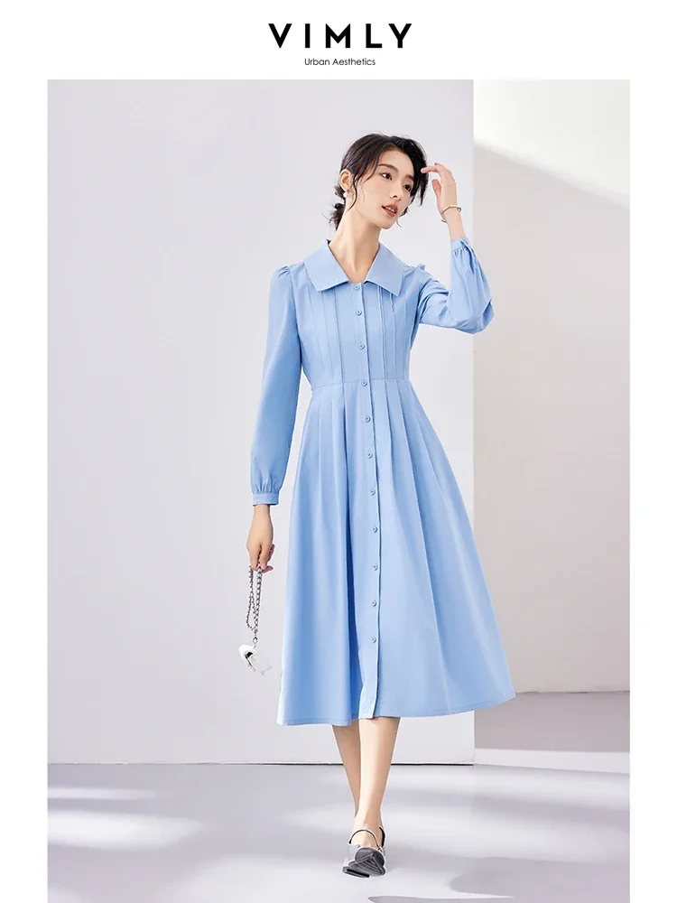 Vimly Cotton 100% Women\'s Blue Button Up Shirt Dresses 2023 Autumn Fashion A-line Lapel Long Sleeve Elegant Midi Dress M2917