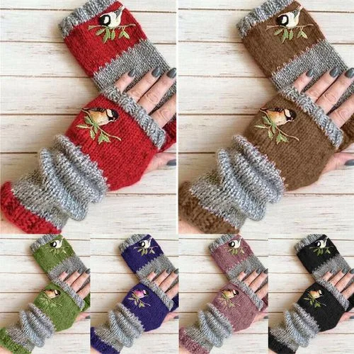 Embroidery Birds Gloves Wool  knitting Fingerless Gloves Women Knitted Block Splice Mittens Finger Free Glove for Women Girls