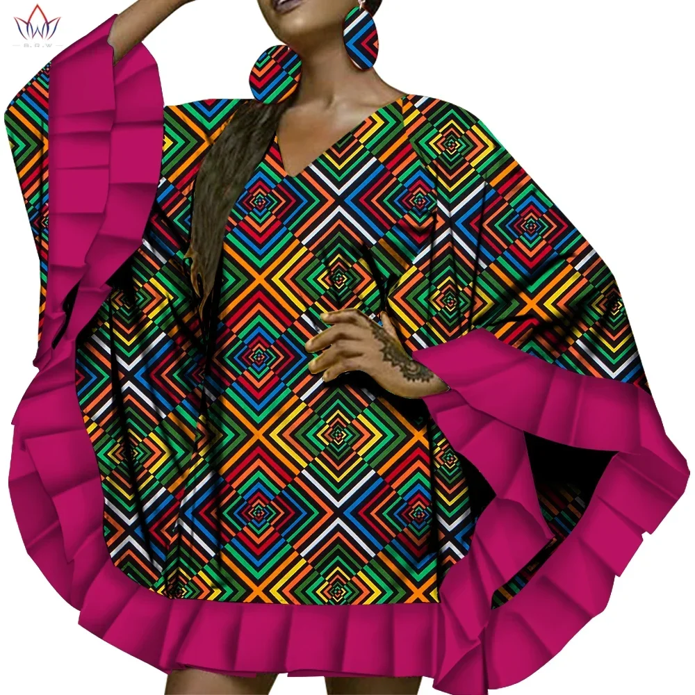 BintaRealWax Africa Dress for Women with Earring Dashiki Ruffled Lady Shawl Africa Style Clothing for Women Office Dress WY3572