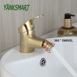 YANKSMART Brushed Gold Bathroom Faucet Solid Brass Bidet Faucets Basin Sink Deck Mounted Washbasin Torneira Mixer Water Tap