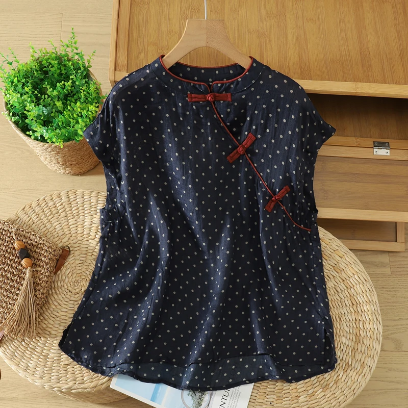 

High-End Lightweight Cotton Linen Base Shirt Vintage Obi Button T-Shirt Women's Fashion Summer New Style Commute Artistic Style