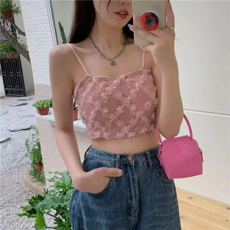 Women Sleeveless Lace Camisole Floral Spaghetti Strap Tank Top Female Summer Pink Vest With Chest Pad Crop Top 2000s Clothes Y2k