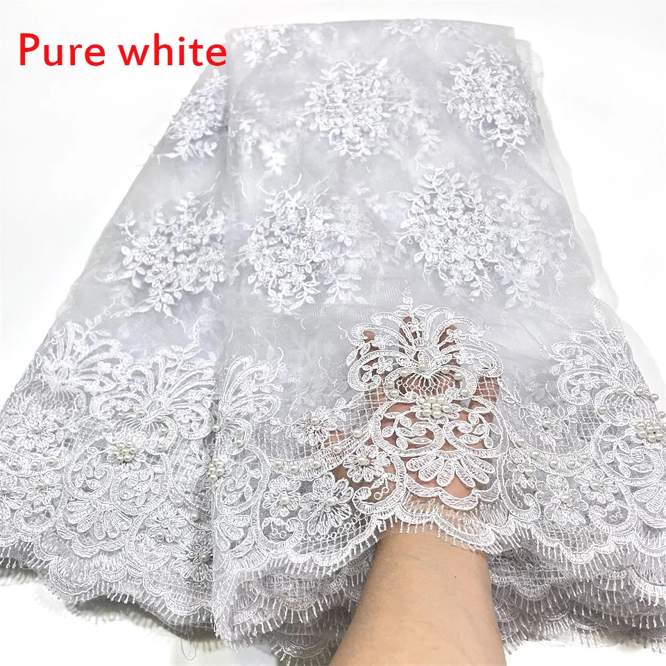 2023 Latest White Nigerian Laces Fabrics With Beads High Quality Tulle African Laces Fabric Wedding African French Tulle Lace