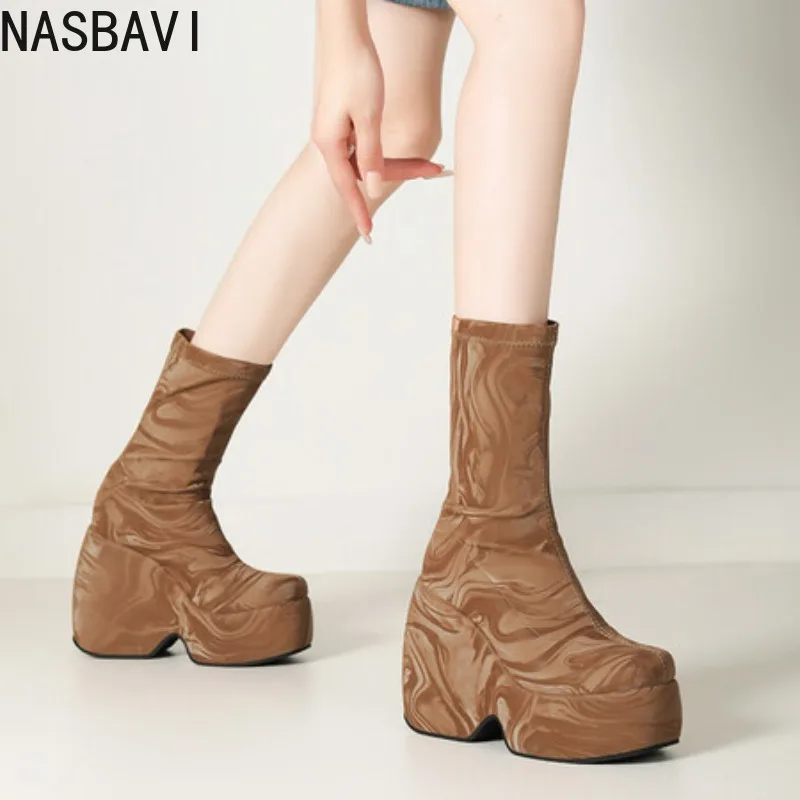 NASBAVI Black Blue Green Fashion Heighten Wedges High Heels Mid-calf Boots Women Thick Platform Slip on Stovepipe Short Booties - Image 2