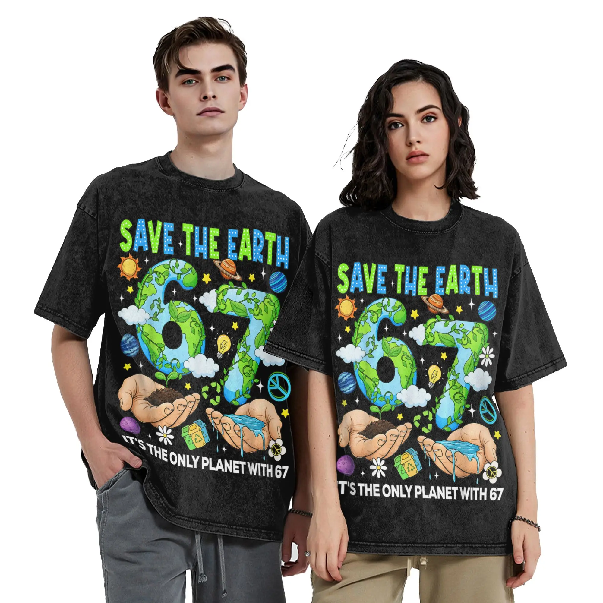 Save The Earth It's The Only Planet with 67 Earth Day Washed T Shirt Streetwear T-Shirt  Tee Shirt for Men Women Cotton Summer