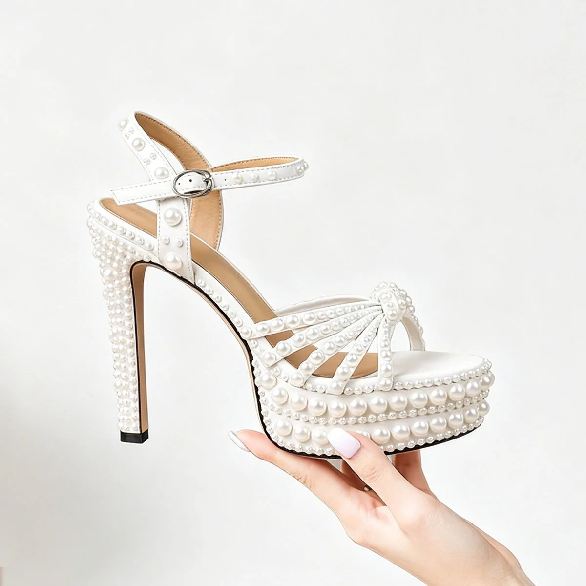 European and American white waterproof table high heels women's thick heel silk open-toed high-heeled sandals pearl strap bow