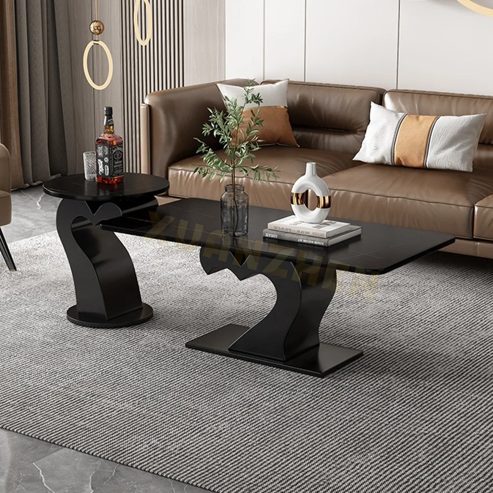 

❁ Комплект журнальных столиков для гостиной: черные квадратные и круглые столики из нержавеющей стали с мраморной столешницей