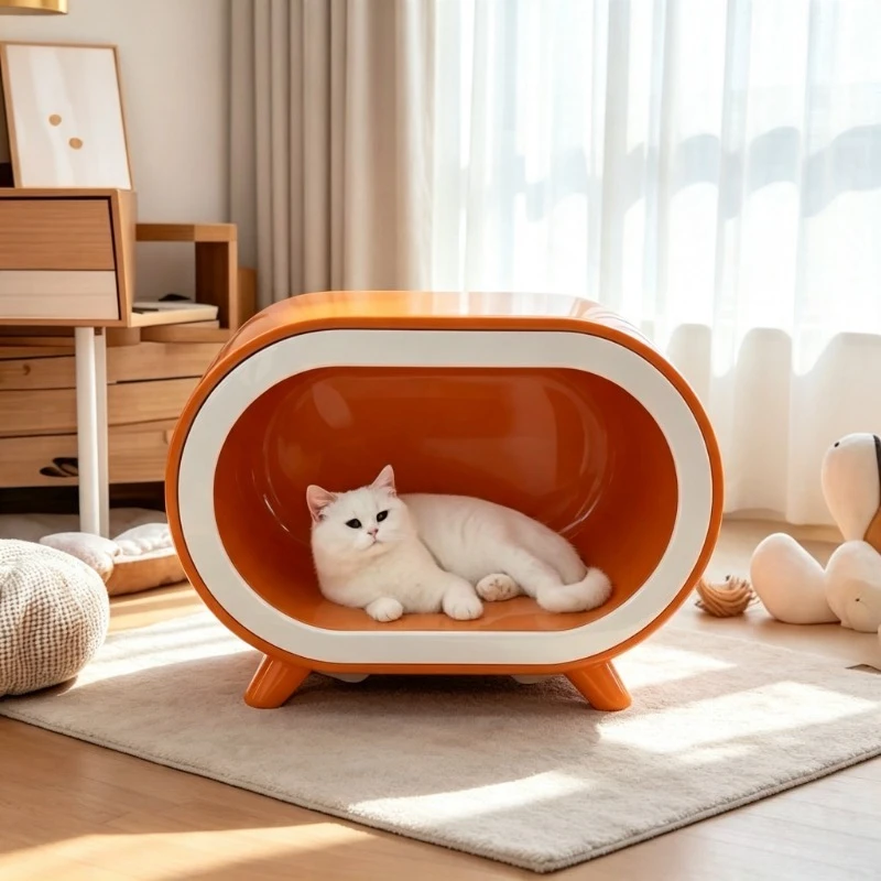 Human‑Cat Shared Cat House Nightstand, Fiberglass Semi‑Enclosed Warm All‑Season Pet Cave Side Table for Indoor Cats