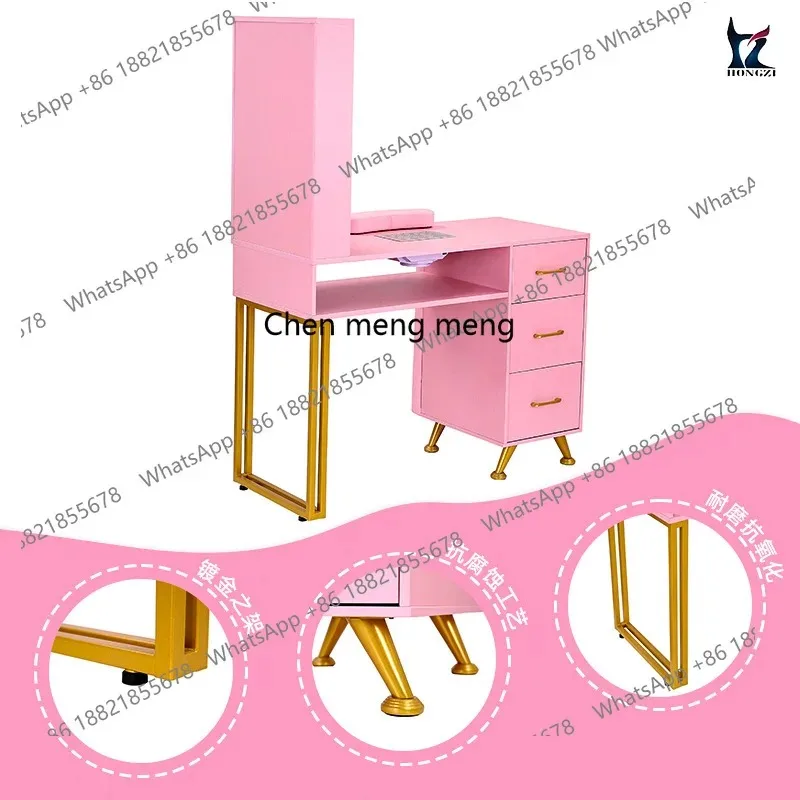 A17 مطلي بالذهب الوردي، صالون أظافر، طاولة مانيكير فردية مع وسادة معصم، مكنسة كهربائية، طاولة مانيكير. #2