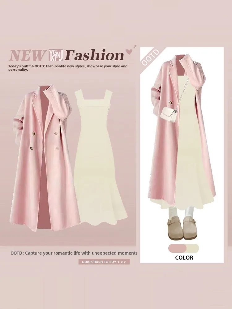 

Korean Sle Winter Pink Coat Dr Two-Piece Set Women's Faion Age-Defng Street Sle Ele Clothing Ensemble