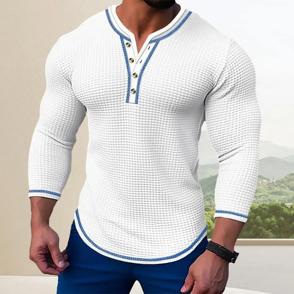 

Men Button-down Collar T-shirt Men's Slim Fit Long Sleeve Waffle Texture Pullover Top with Henry Collar Button Details for Men