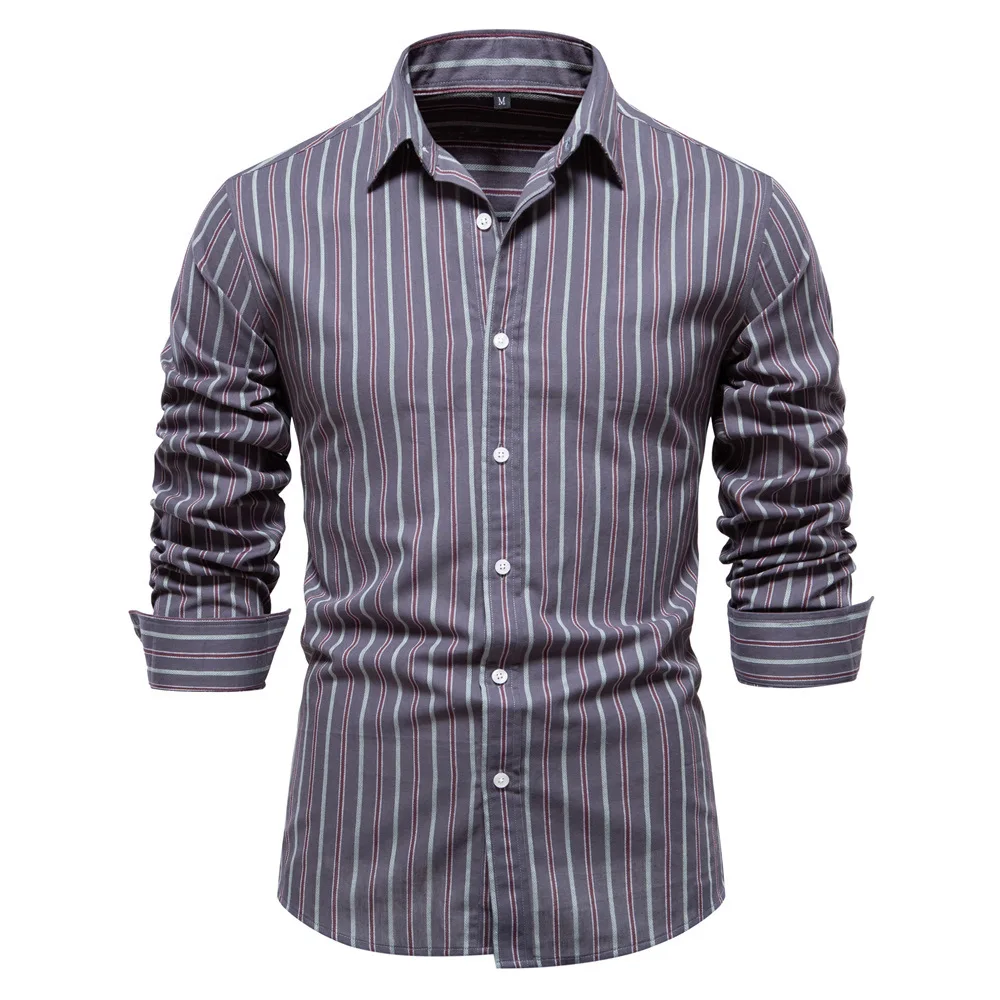 2023 Autumn New Basic Versatile Fashion Stripe Long Sleeve Cotton Shirt Men's Top