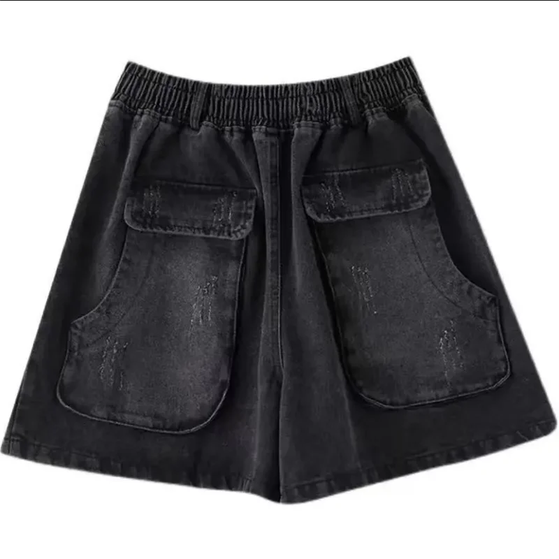 คาวบอยกางเกงขาสั้นขากว้างผู้หญิง Elastic High เอวหลวมกางเกงขาสั้นขากว้าง DENIM ฤดูร้อนหลวมบางกระเป๋ากางเกงป่า