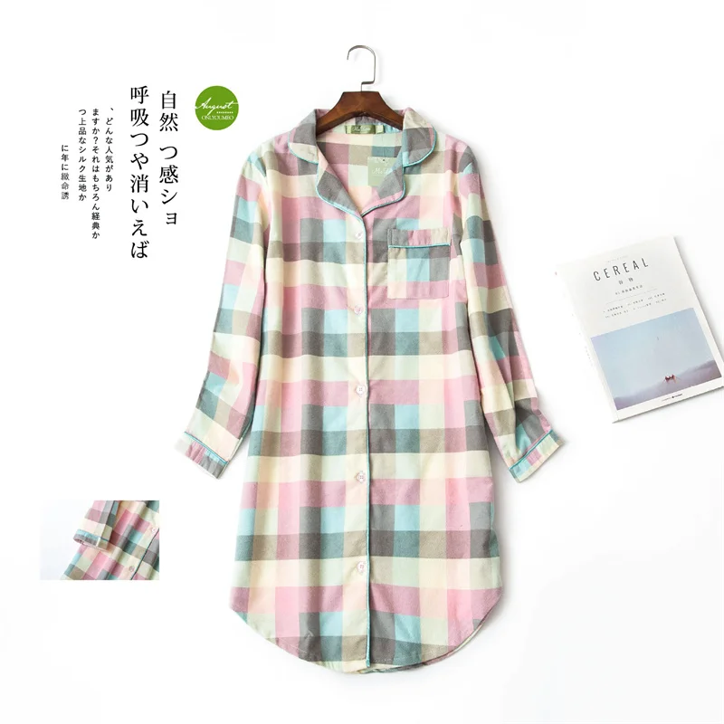 Korean Fashion Autumn and Winter Cotton Pajamas Women's Sexy Plaid Shirt Dress Lapel Cardigan Nightdress Flannelette Homewear