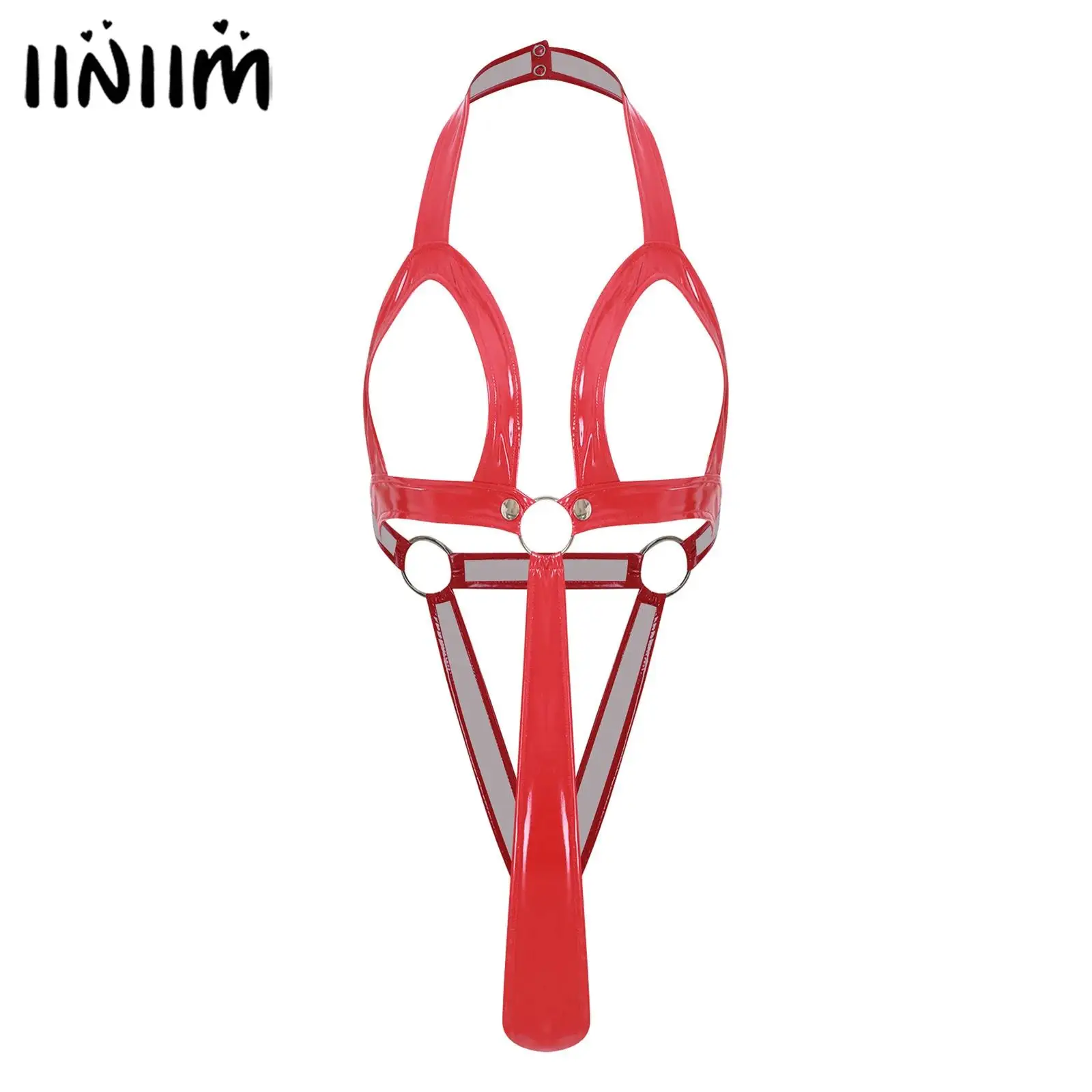 

Womens Lingerie Patent Leather Bodysuit Underwear Halter Cut Out Cup O-ring T-back Micro Sling Shot Harness Wet Look Nightwear