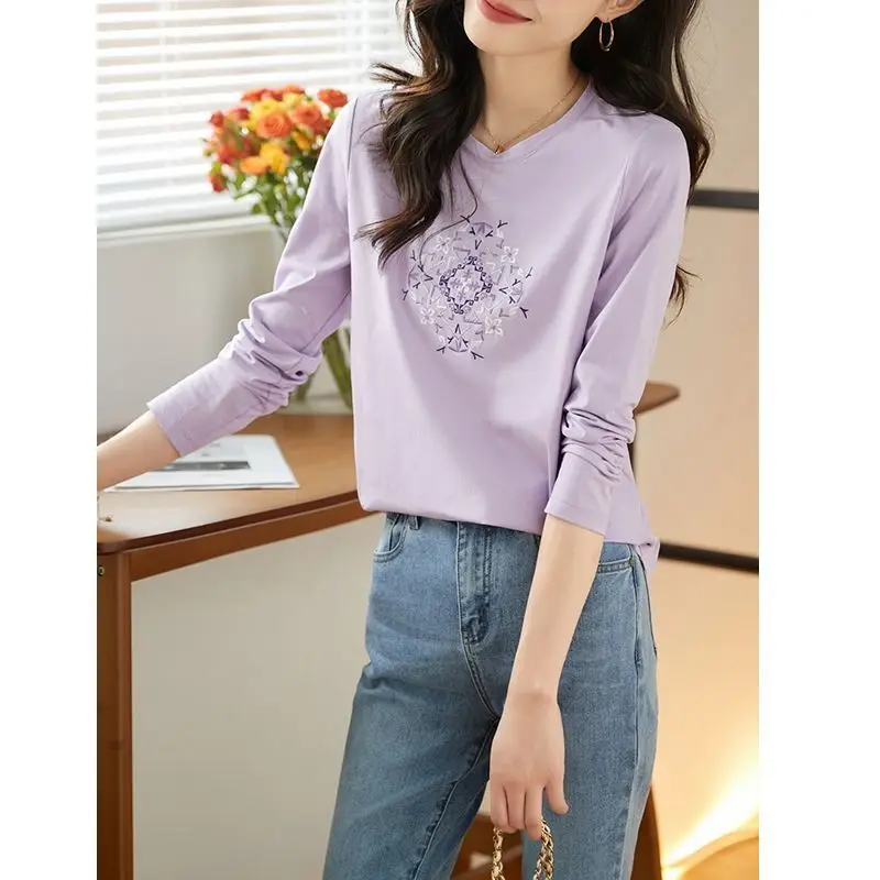 Spring Autumn New Fashion Round Neck Long Sleeve Embroidery Pure Cotton Bottoming Shirt Women\'s Clothing All-match Korean Tops