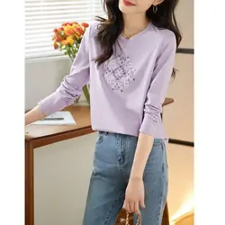 Spring Autumn New Fashion Round Neck Long Sleeve Embroidery Pure Cotton Bottoming Shirt Women's Clothing All-match Korean Tops