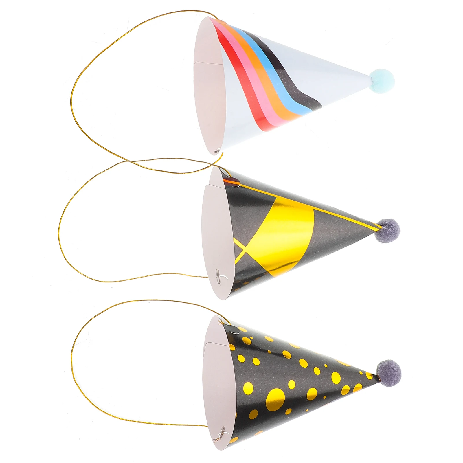 

3pcs Birthday Hats Gold Foil Soft Paper Pompom Kids First Celebration Fun Festive Event Unique Design Cone Party Hats Grad Cap