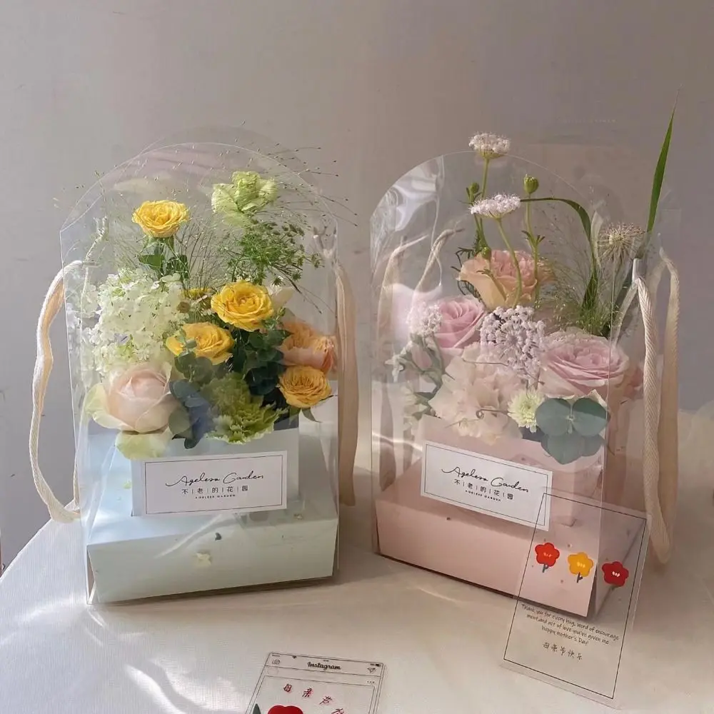 Romantic Transparent Handheld Flower Box Portable Handbag Flower Bouquet Arrangement Box DIY Cake Packaging Box Party Supply