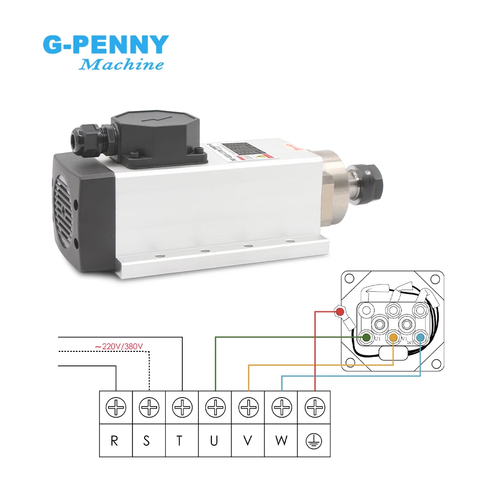 G-Penny CNC 2.2kw ER20 Square Type Air Cooled Spindle Motor Ceramic Ball Bearings 0.01mm Accuracy 24000rpm With Mounting Flange